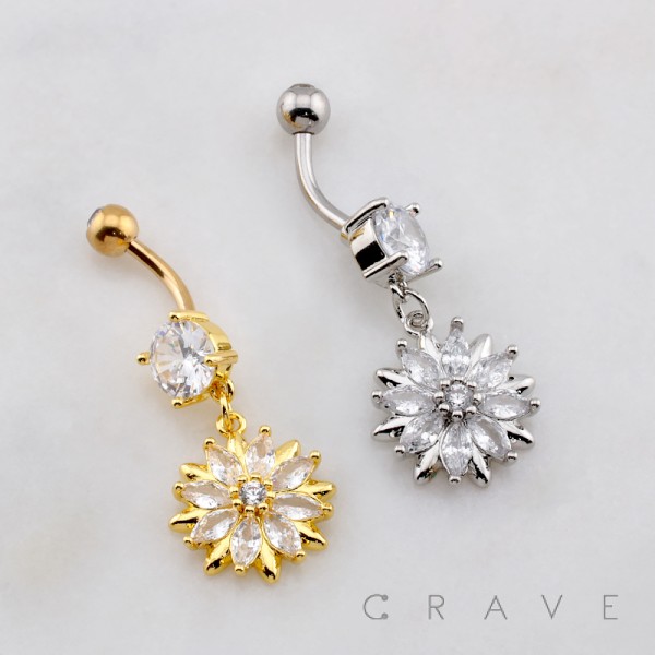 DANGLE VIBRANT FLORAL SUNFLOWER DAHLIA MULTI CZ BELLY BUTTON NAVEL RING 316L SURGICAL STEEL DANGLE VIBRANT FLORAL SUNFLOWER DAHLIA MULTI CZ BELLY BUTTON NAVEL RING 316L SURGICAL STEEL